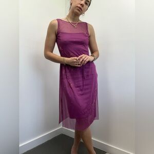 Vintage BCBG MaxAzria 90's/Y2k Pink Mesh Beaded Sleeveless Wrap Midi Dress S